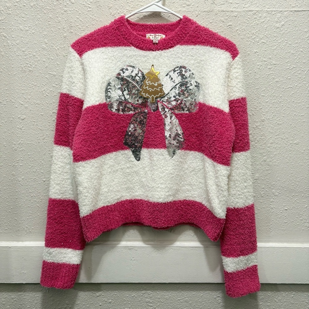 Merry Christmas by Poof! Pink and White Sweater with Sequin Silver Bow NWT L